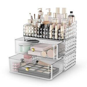 Clear stackable makeup organizer with drawers tray vanity storage case
